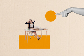 Composite artwork collage image picture of arm point finger mini girl desktop isolated on creative...