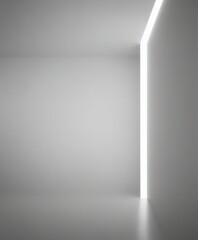 A minimalist white room with a single light source on the right side, creating a sense of depth and perspective