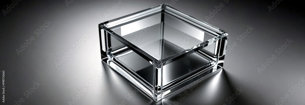 Aufkleber a transparent glass box with a reflective surface sits on a dark surface, casting a shadow on the ri