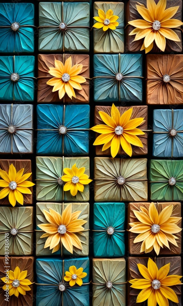 Poster a vibrant arrangement of square tiles, each adorned with a yellow flower and a small white crystal, 