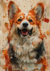 A vibrant illustration of a joyful Corgi with orange and white fur, set against an abstract splatter background.