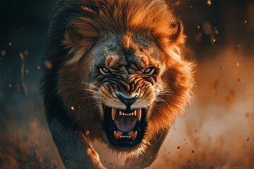 Fototapeta premium An angry lion with an open mouth. expression of anger. Portrait of a big male lion with open mouth. 