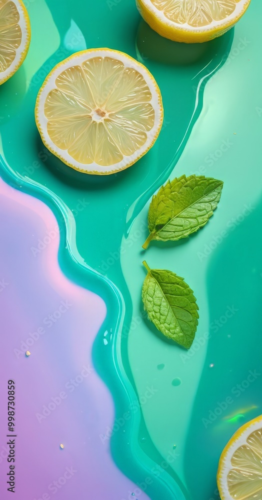 Aufkleber a vibrant abstract composition featuring lemon slices, mint leaves, and a gradient background of blu