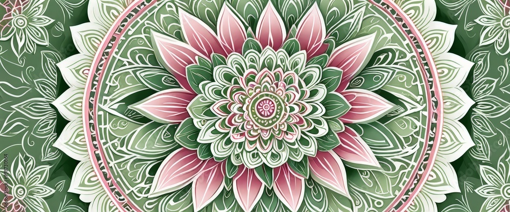 Poster a vibrant mandala design with a central pink flower surrounded by green leaves and intricate pattern