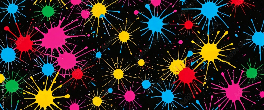 Poster a vibrant and dynamic pattern of colorful paint splatters against a black background The splatters are scattered randomly, creating a sense of movement and energy The