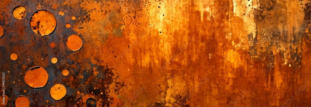 Aufkleber a textured surface with a mix of orange, brown, and black colors, featuring circular holes and splat