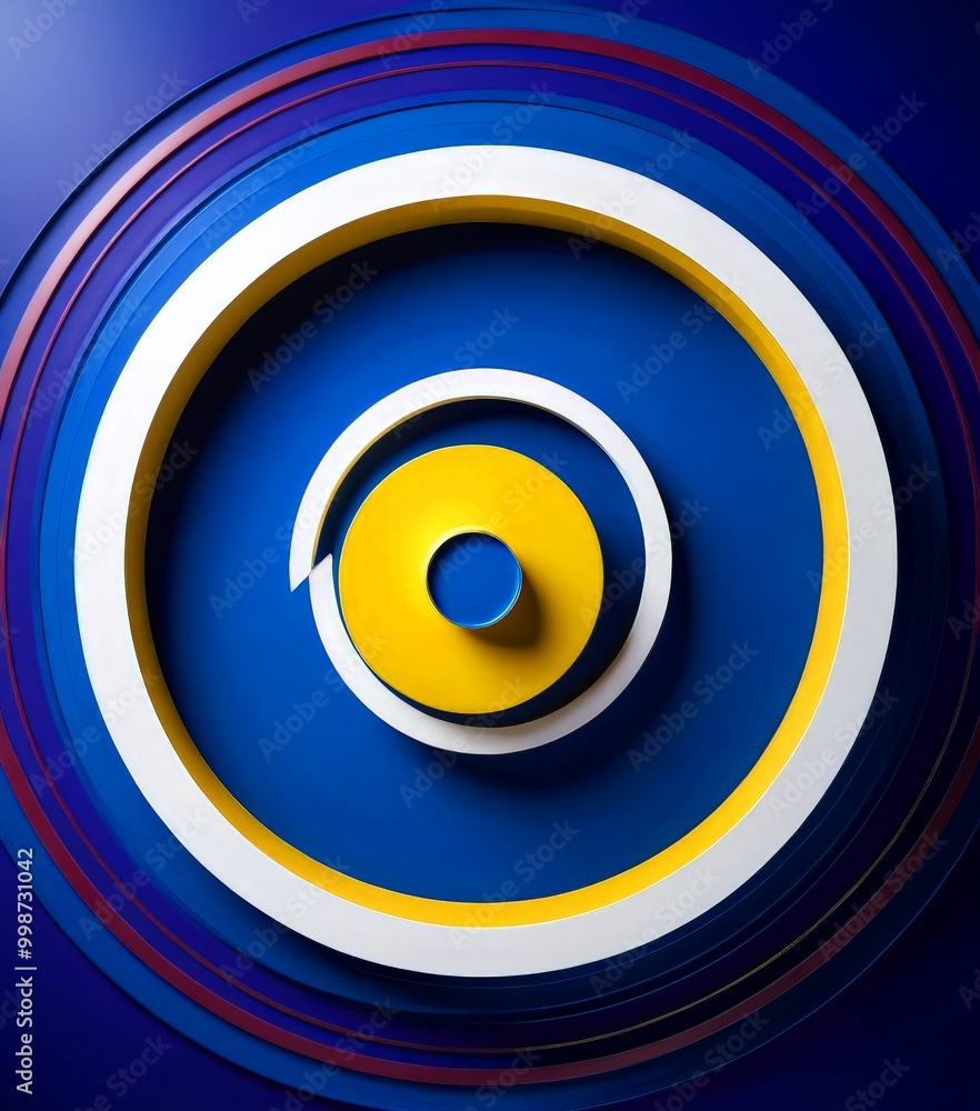Poster a circular design with concentric circles in blue, white, and yellow, set against a dark blue backgr