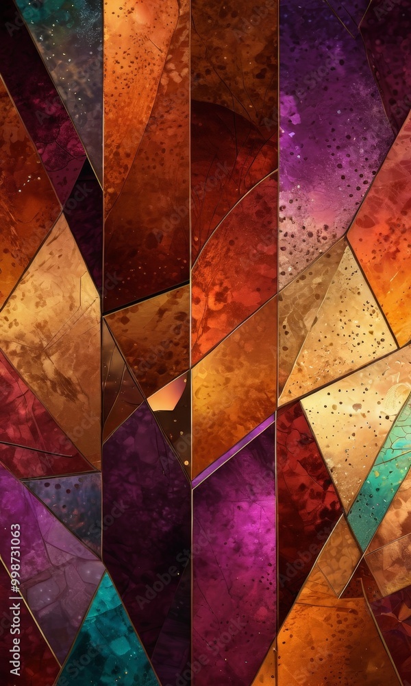 Poster a vibrant abstract composition featuring a variety of overlapping and intersecting geometric shapes 