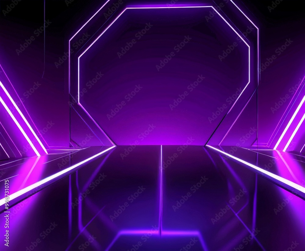 Poster a futuristic, neon-lit room with a reflective floor and a central octagonal structure