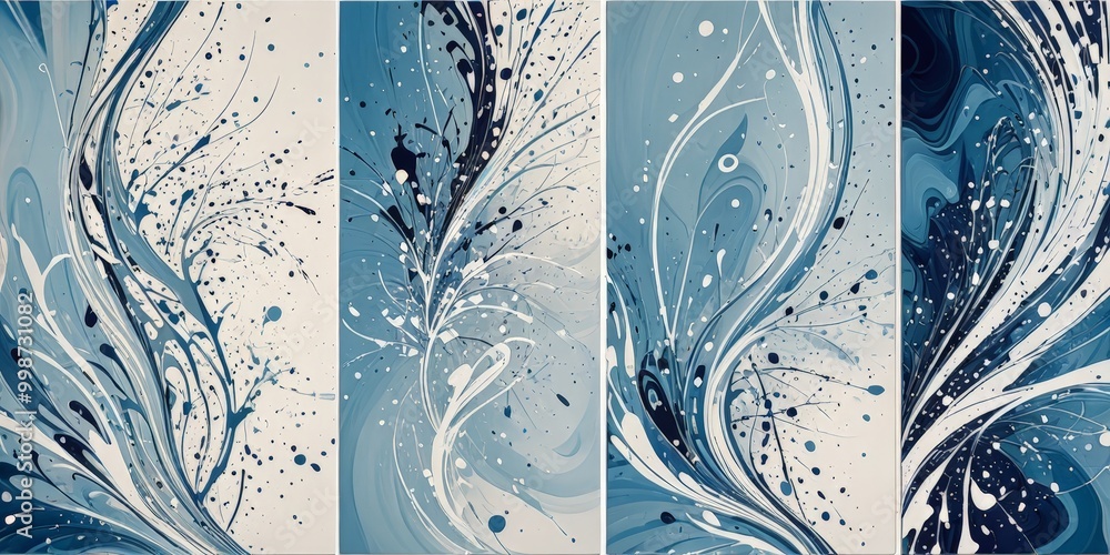 Poster a triptych featuring three panels with abstract blue and white patterns the left panel has a wavy, o