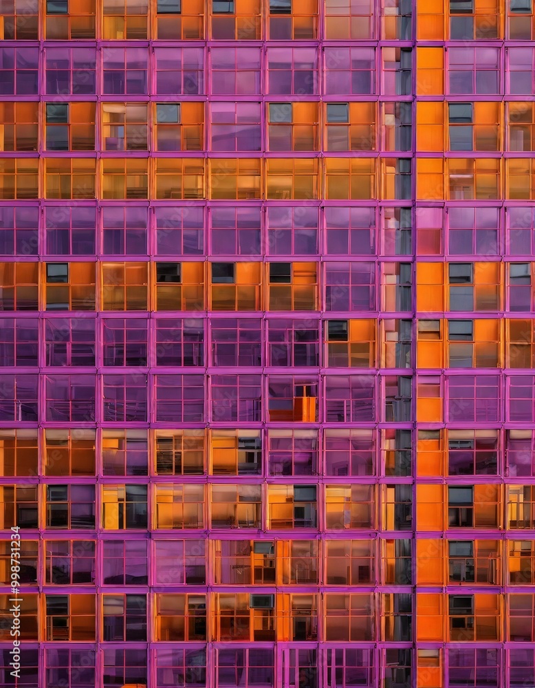 Aufkleber a vibrant building facade, composed of numerous rectangular windows in shades of purple and orange, 