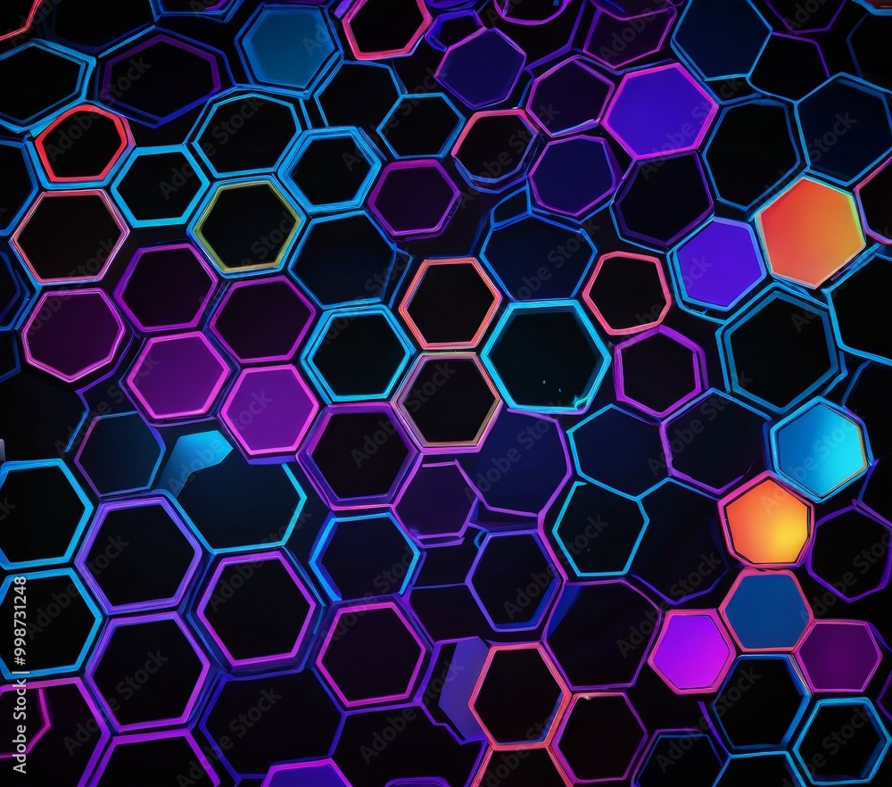 Aufkleber a vibrant and abstract pattern of hexagonal shapes in various shades of blue, purple, orange, and pi