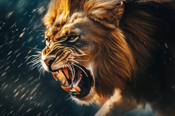 Fototapeta premium Roaring male lion. An angry lion with an open mouth. expression of anger. Portrait of a big male lion with open mouth. 