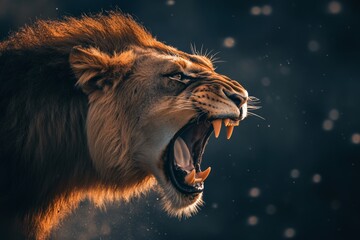 Roaring male lion. An angry lion with an open mouth. expression of anger. Portrait of a big male lion with open mouth. 