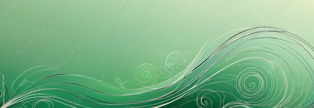 Poster a green background with a repeating pattern of white and black swirls, creating a sense of movement and fluidity.