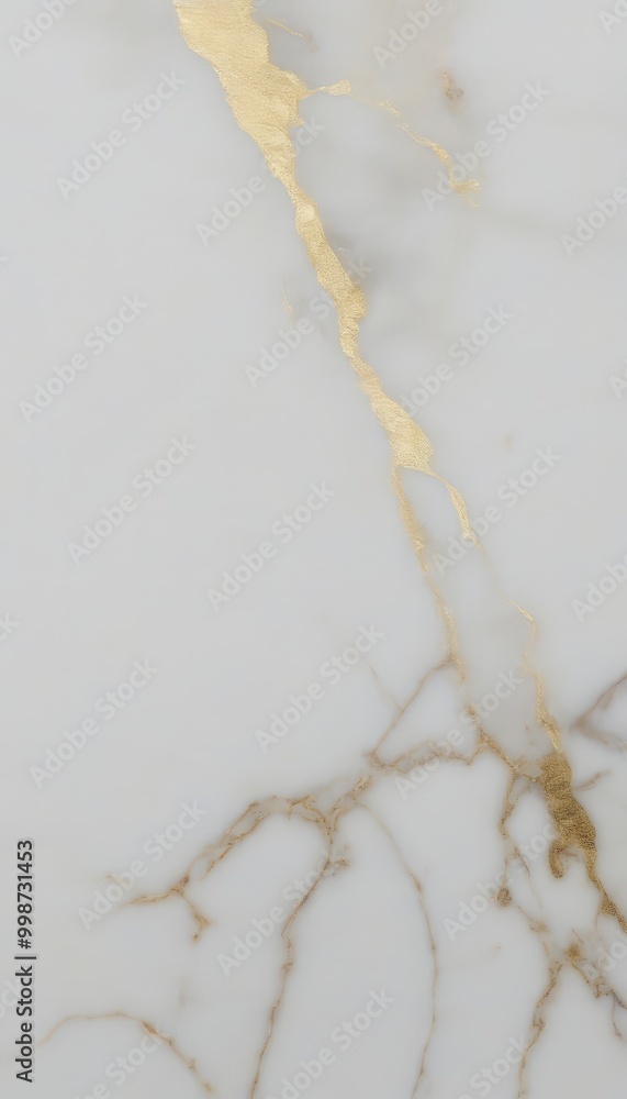 Poster a close-up view marble surface with a gold-colored crack running through it, creating a striking contrast against the white background