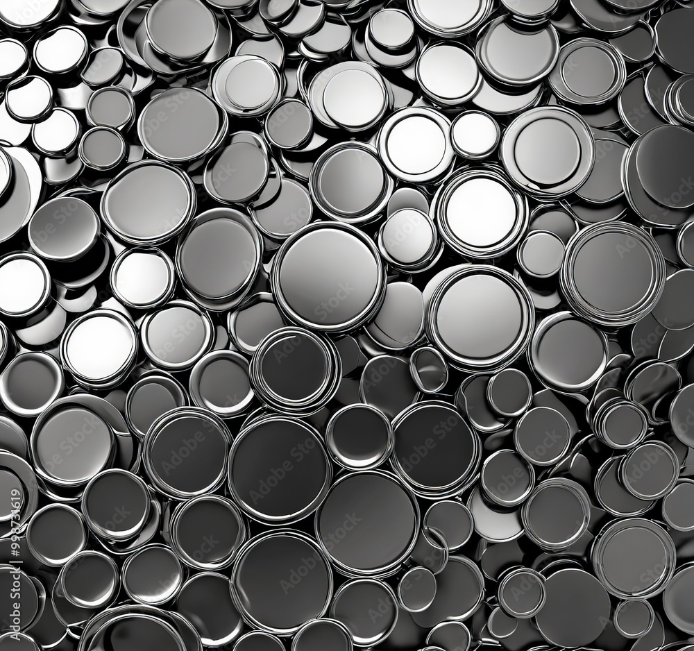 Aufkleber A collection of metallic circles in various shades of gray, arranged in a random pattern, creating a visually striking and abstract composition