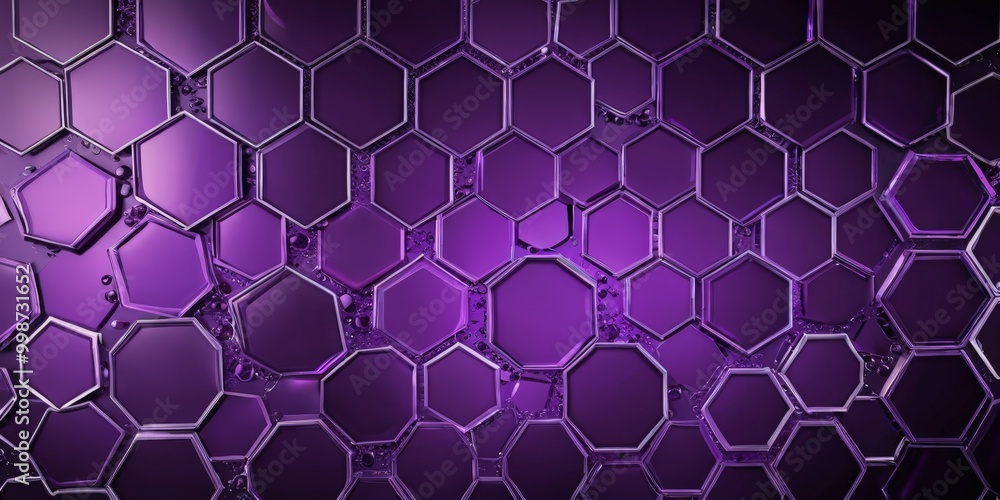 Poster a repeating pattern of hexagonal shapes in various shades of purple, with some areas appearing to be wet or reflective