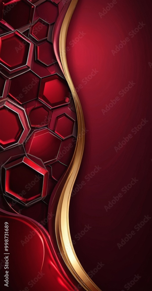 Poster a striking red and gold abstract design composed of hexagonal shapes, with a curved gold line runnin