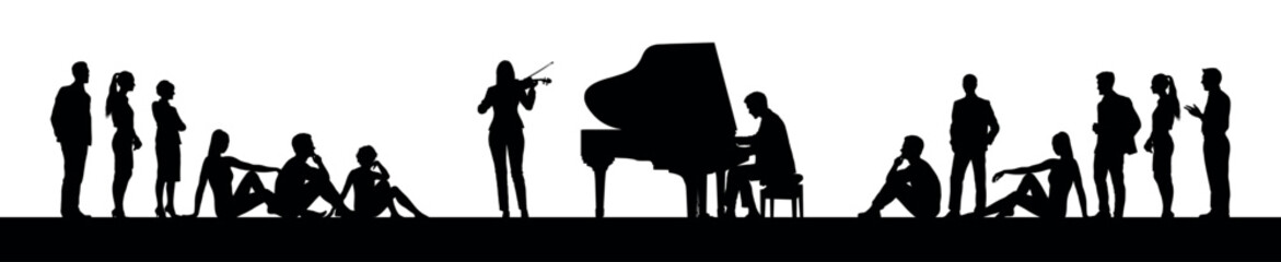 Man playing piano and woman playing violin performing music concert in public outdoor vector silhouettes. © Andreas
