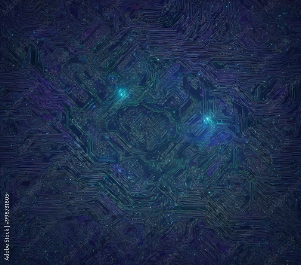 Poster a complex, abstract pattern of blue and purple lines and shapes, resembling a circuit board or a network of interconnected systems The is