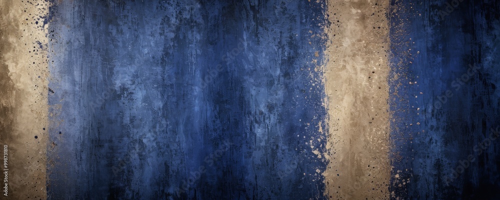 Poster a textured abstract background with vertical stripes in blue and gold, creating a sense of depth and movement