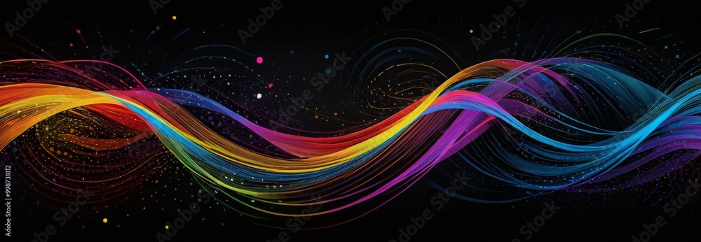 Poster a vibrant abstract design with multicolored lines and shapes, creating a dynamic and energetic visual effect