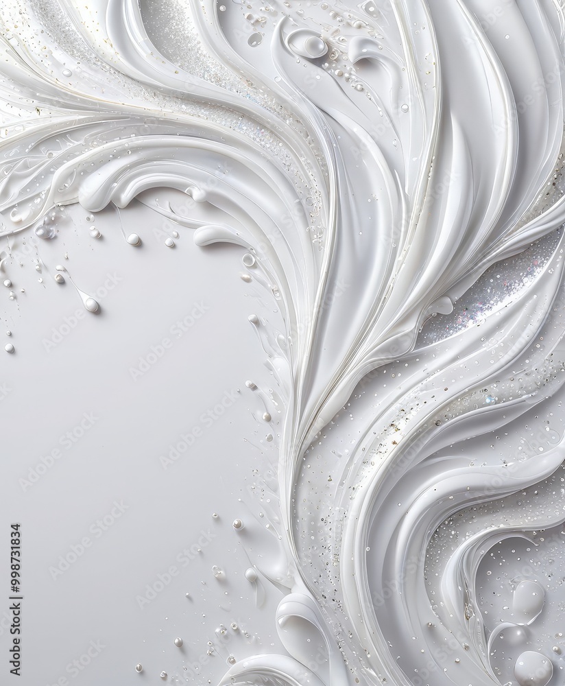 Poster a close-up view white, wavy, and textured surface, with a subtle pattern of small white dots and specks scattered throughout