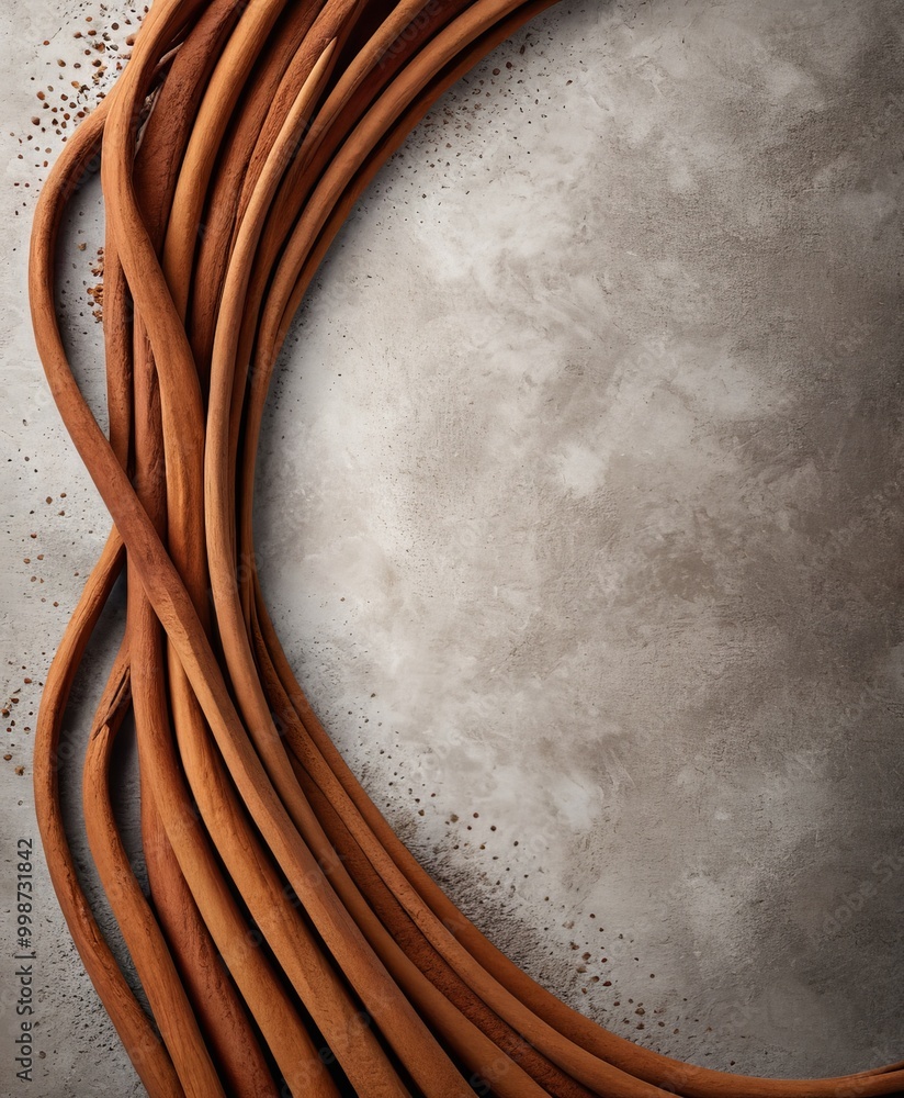 Poster a collection of curved wooden sticks arranged in a circular pattern, with a textured gray background