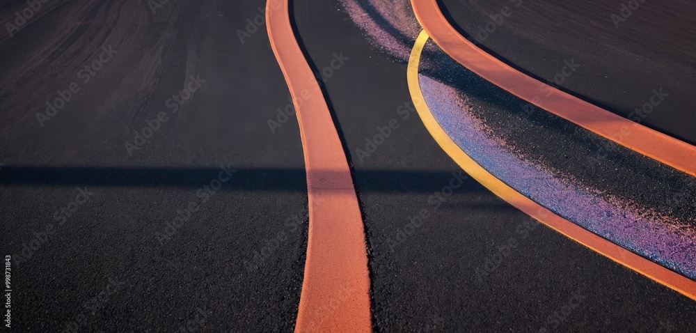 Aufkleber a close-up view of a curved asphalt road with two distinct orange and yellow lane markings.