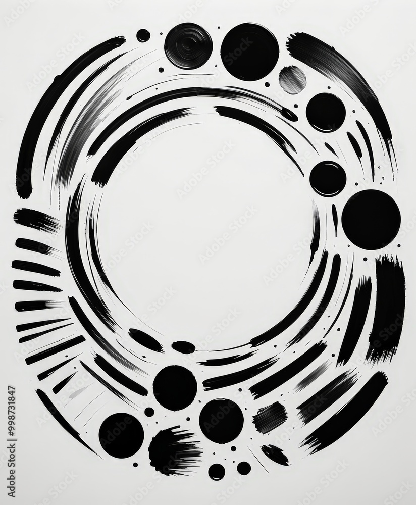 Poster a circular arrangement of black brushstrokes and dots, creating a visually striking abstract composi