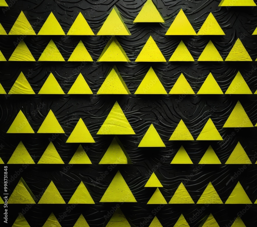 Poster a repeating pattern of yellow triangles on a black background, creating a visually striking and geometric design