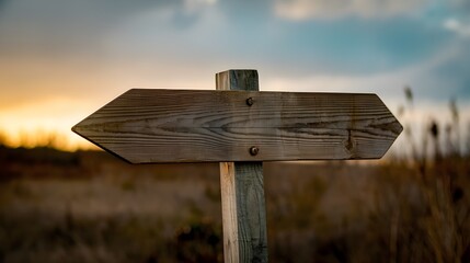 Rustic Wooden Arrow Signpost with Blurred Sunset Background