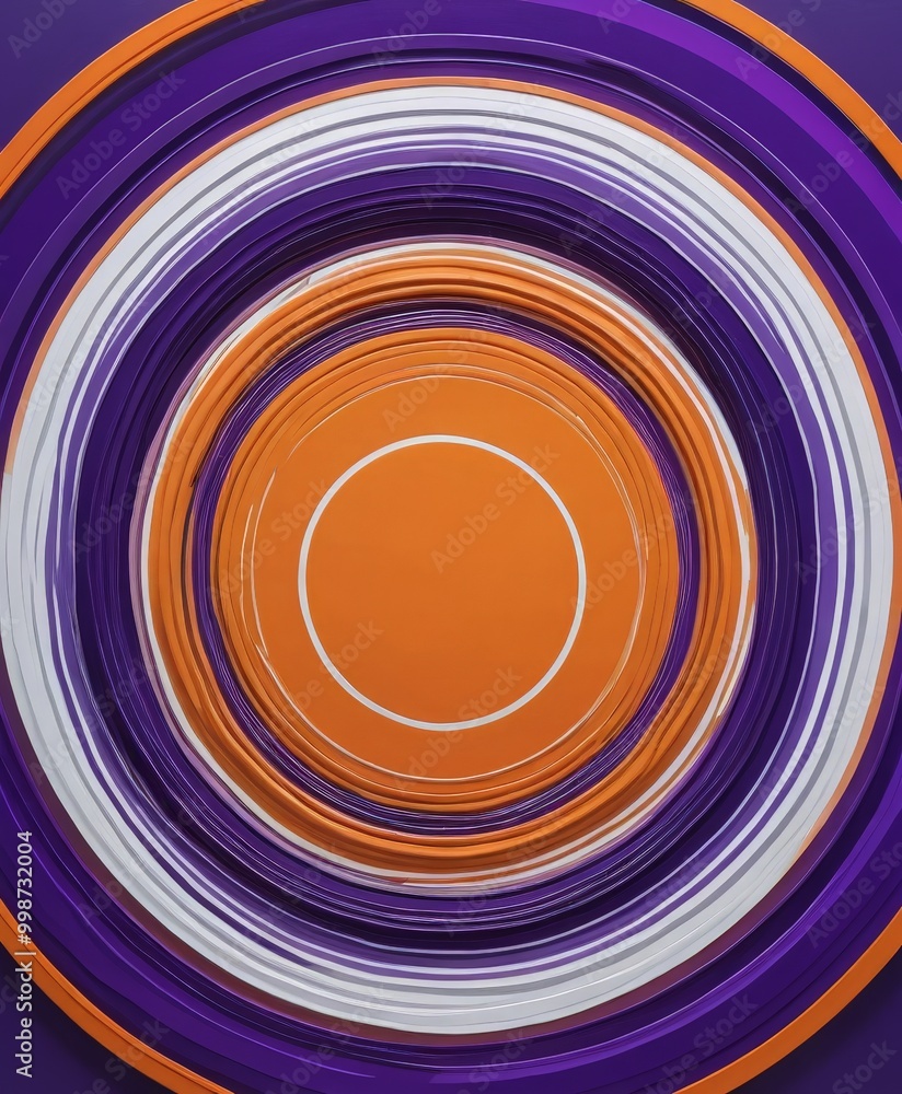 Poster a vibrant abstract composition of concentric circles in various shades of purple, orange, and white, creating a dynamic and visually striking pattern