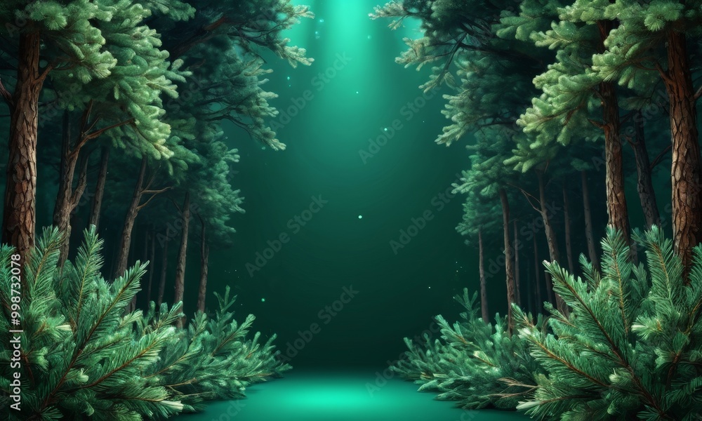 Poster a serene forest scene with tall pine trees and a glowing green path leading to a mysterious light so
