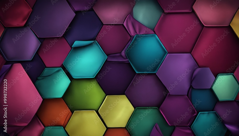 Poster a vibrant and abstract pattern composed of various colored hexagonal shapes, creating a visually str