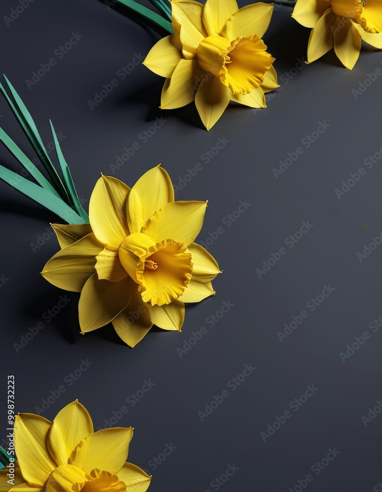 Poster three vibrant yellow daffodils with green stems are arranged diagonally against a dark blue backgrou