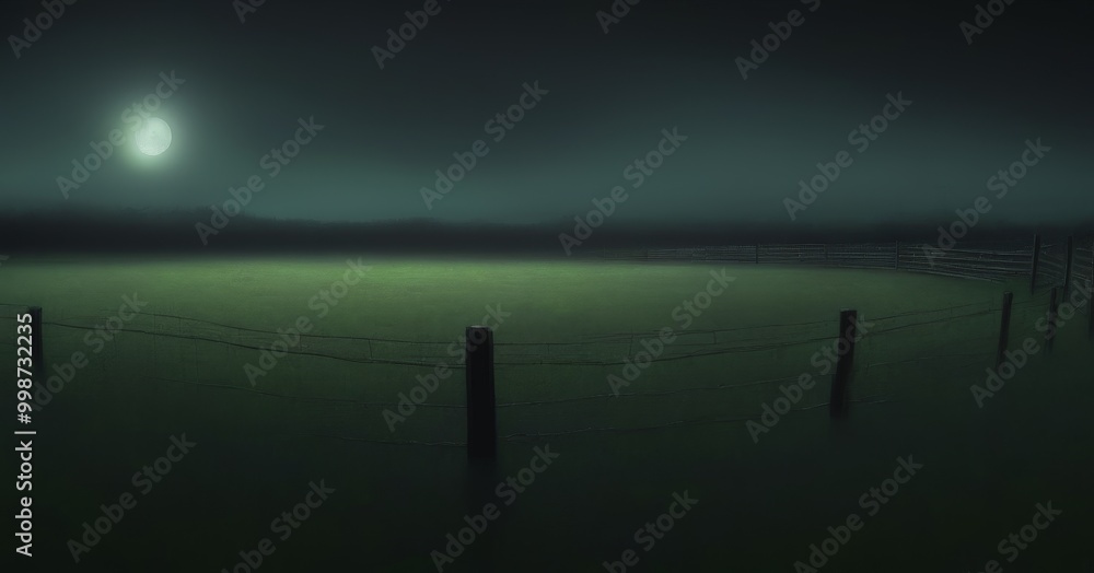 Aufkleber a serene night scene with a full moon illuminating a grassy field enclosed by a wire fence, creating