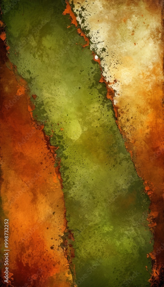 Poster a vibrant abstract painting with a mix of green, orange, and brown colors, creating a dynamic and te