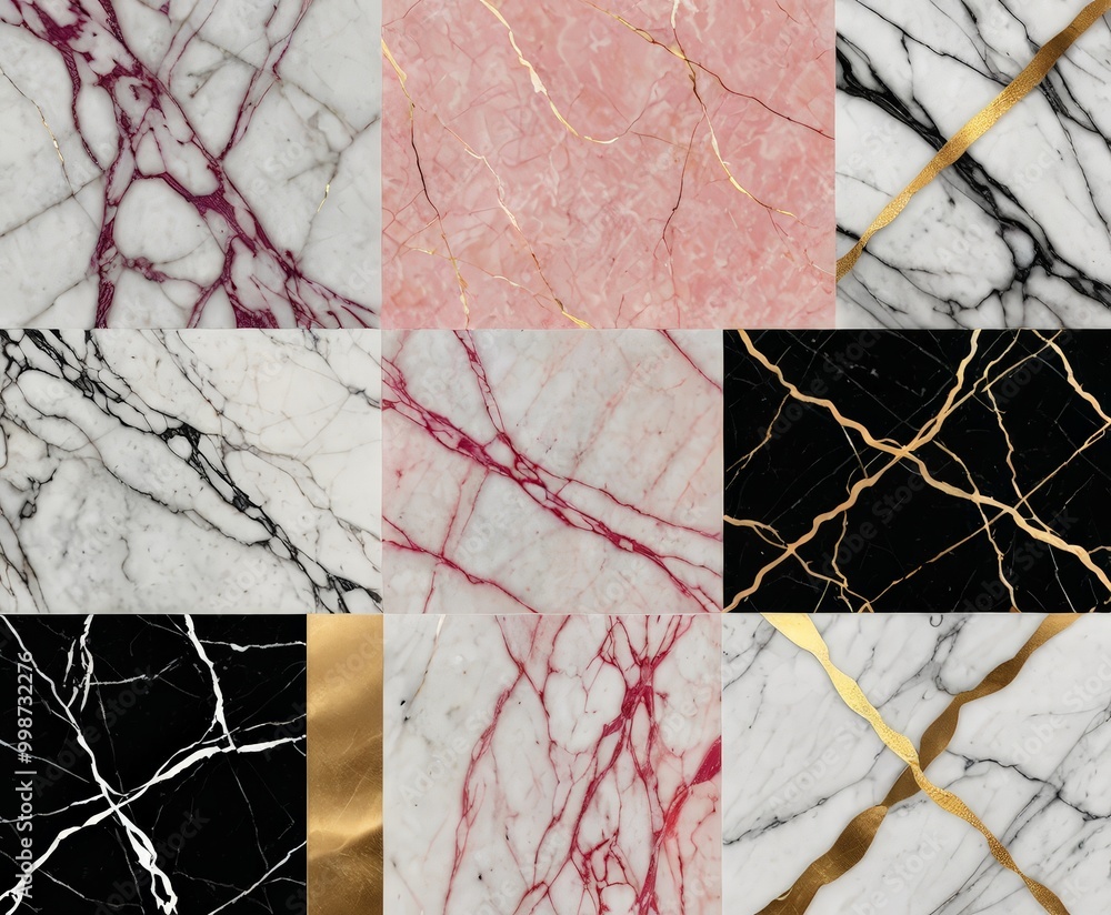 Fototapete the displays nine square tiles, each showcasing a unique marble pattern the tiles feature a variety 