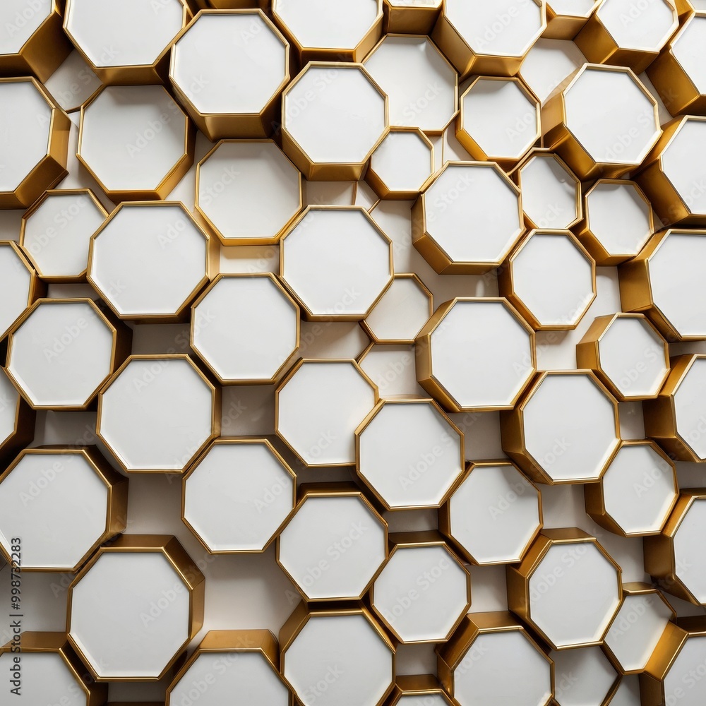 Poster a repeating pattern of white hexagonal shapes with gold outlines, arranged in a grid-like formation against a white background
