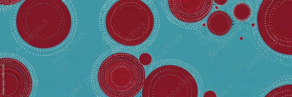 Poster a vibrant abstract pattern of red circles and white dots against a blue background