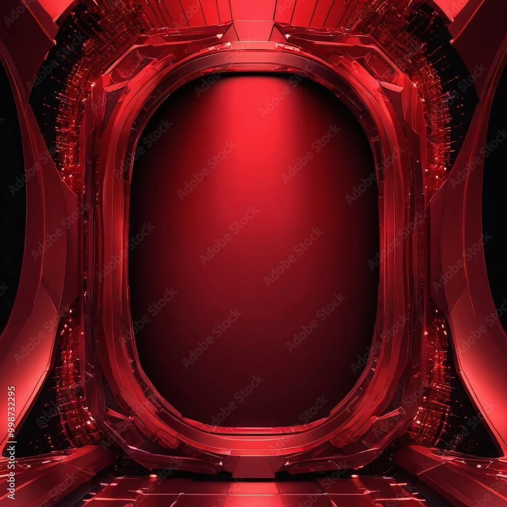 Aufkleber a futuristic, red-tinted room with a large, oval-shaped window at the center, flanked by two curved 