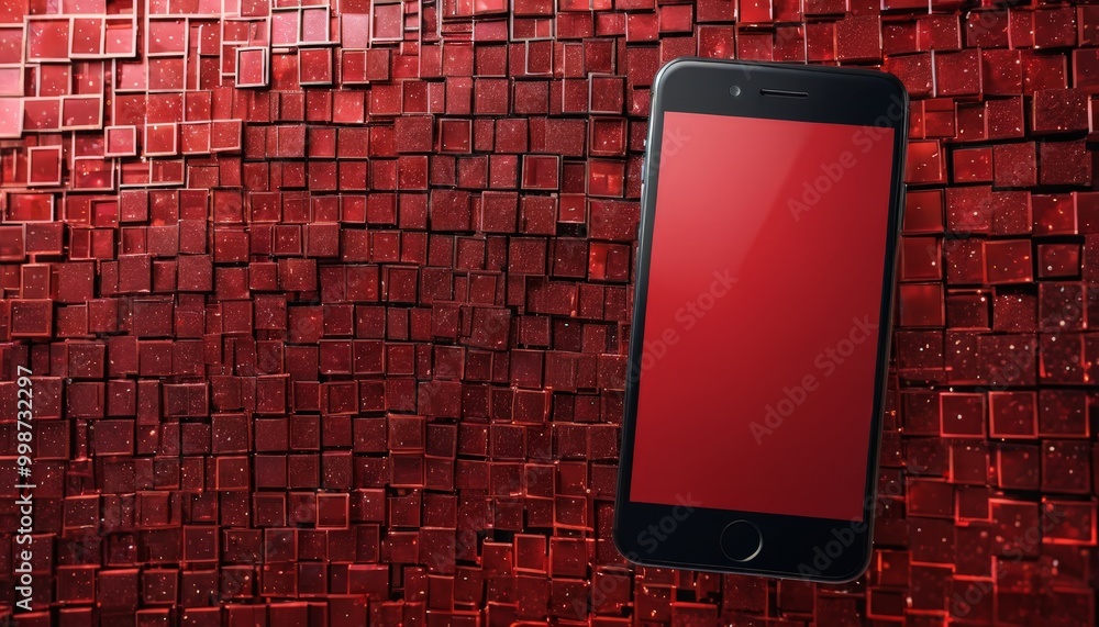 Poster A black smartphone with a red screen is displayed against a backdrop of red square tiles