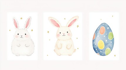 Cute easter postcard set with watercolor bunnies and decorated egg print