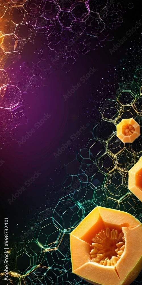 Poster a vibrant, abstract composition with a central hexagonal shape and a variety of other hexagonal shapes surrounding it, creating a sense of depth and complexity