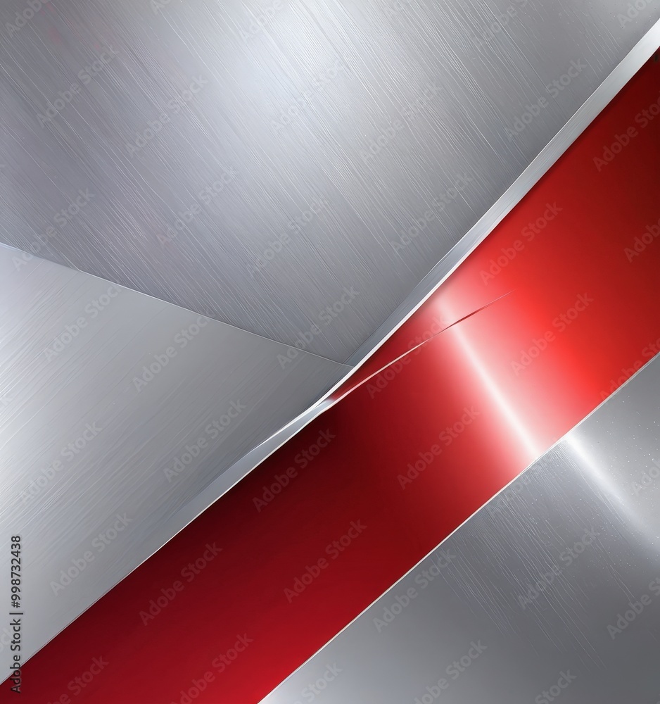 Poster a metallic surface with a diagonal pattern of red and silver stripes, creating a dynamic and visually striking composition
