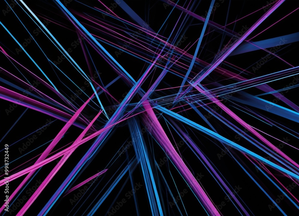 Poster a complex pattern of intersecting lines in various shades of blue, pink, and purple against a black 