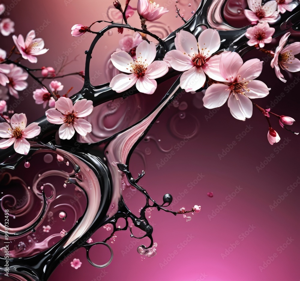 Poster a close-up view of cherry blossoms with delicate pink petals and dark brown stems, set against a gra
