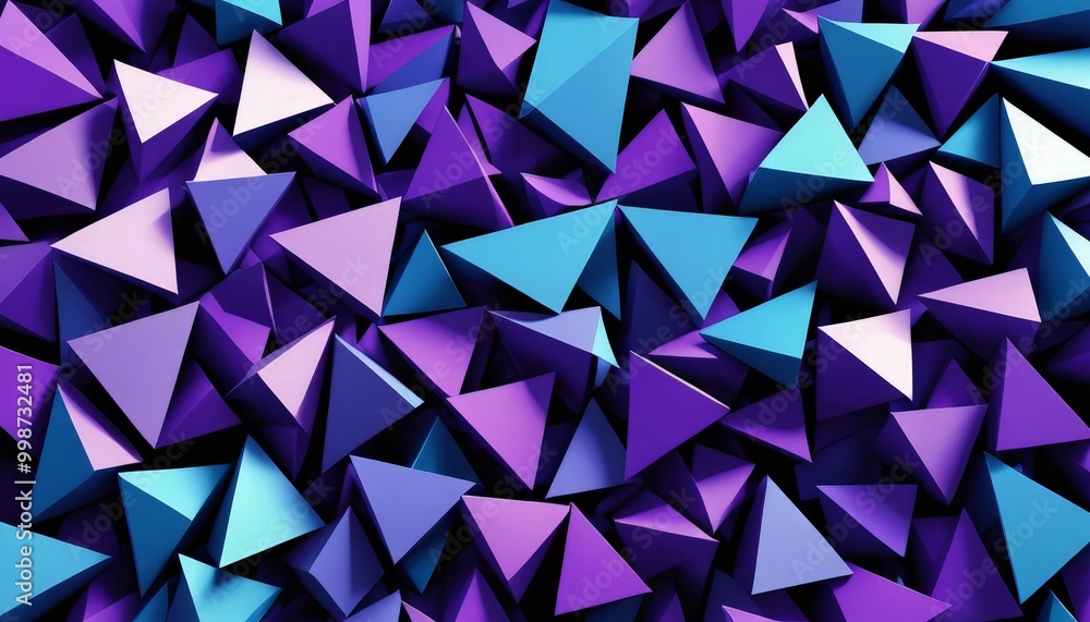 Poster a geometric pattern composed of numerous overlapping triangular shapes in various shades of purple a